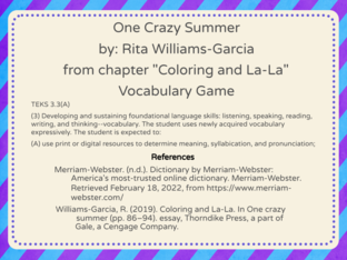 One Crazy Summer Vocabulary Game by Jami Foster